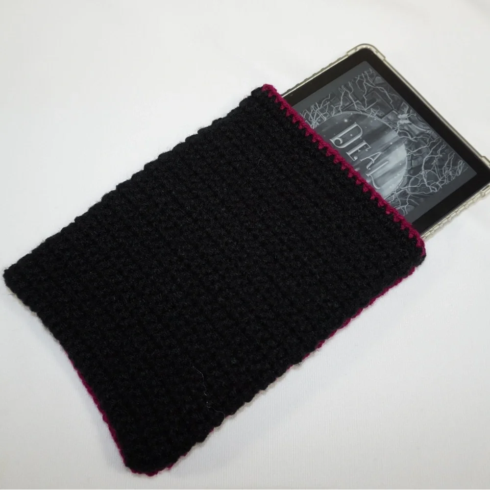 Handmade Crocheted Kindle Sleeve in Deep Berry with Dark Trim